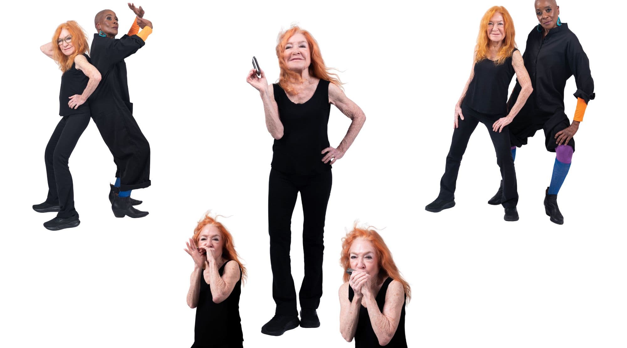 A pair of dancers strike a series of playful poses.