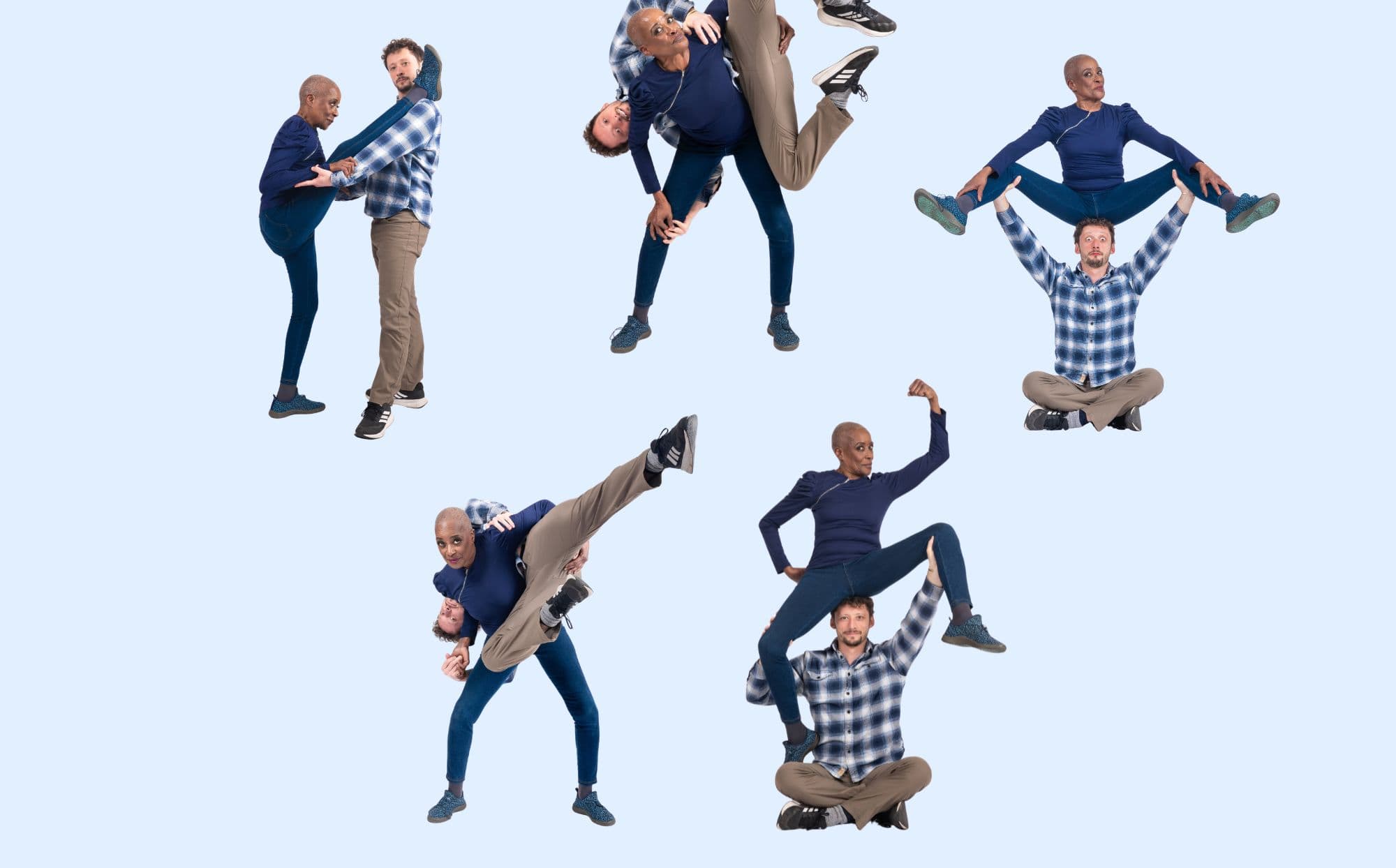 A sequence of Rhonda and Ben in acrobatic poses, like diagrams in an old exercise manual.